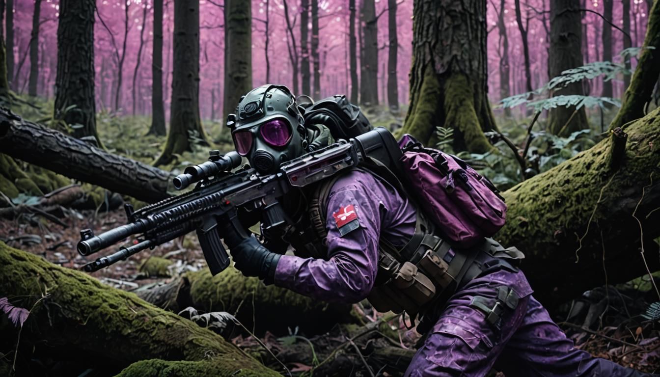 Survivalist in Alien Forest, Photorealistic Film Still