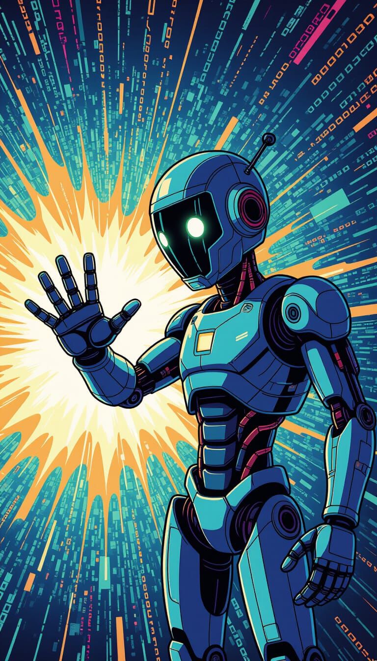 Robot Made of Code Reaching From Digital Noise