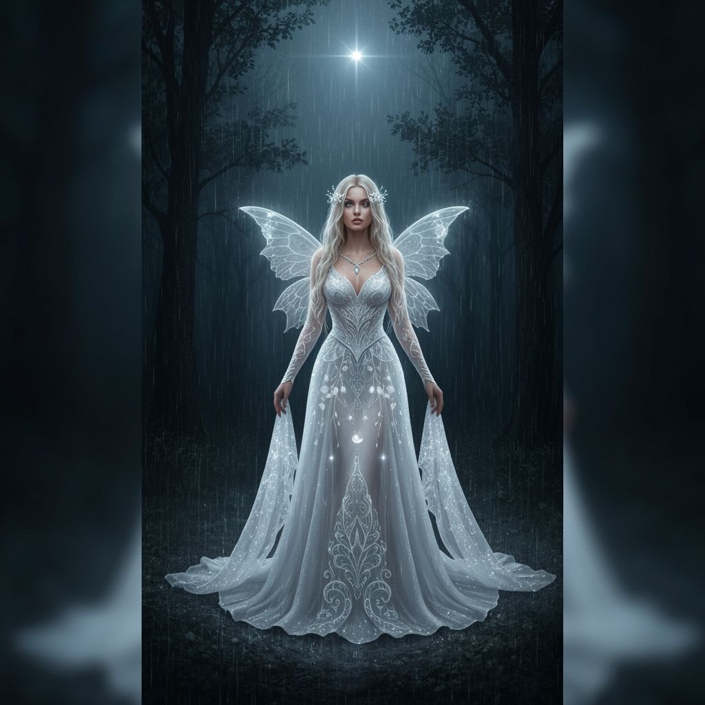 Sad Fairy in Forest Under Moonlit Rain