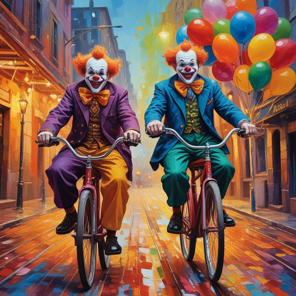 A multicolor tandem bike with two smiling clowns,