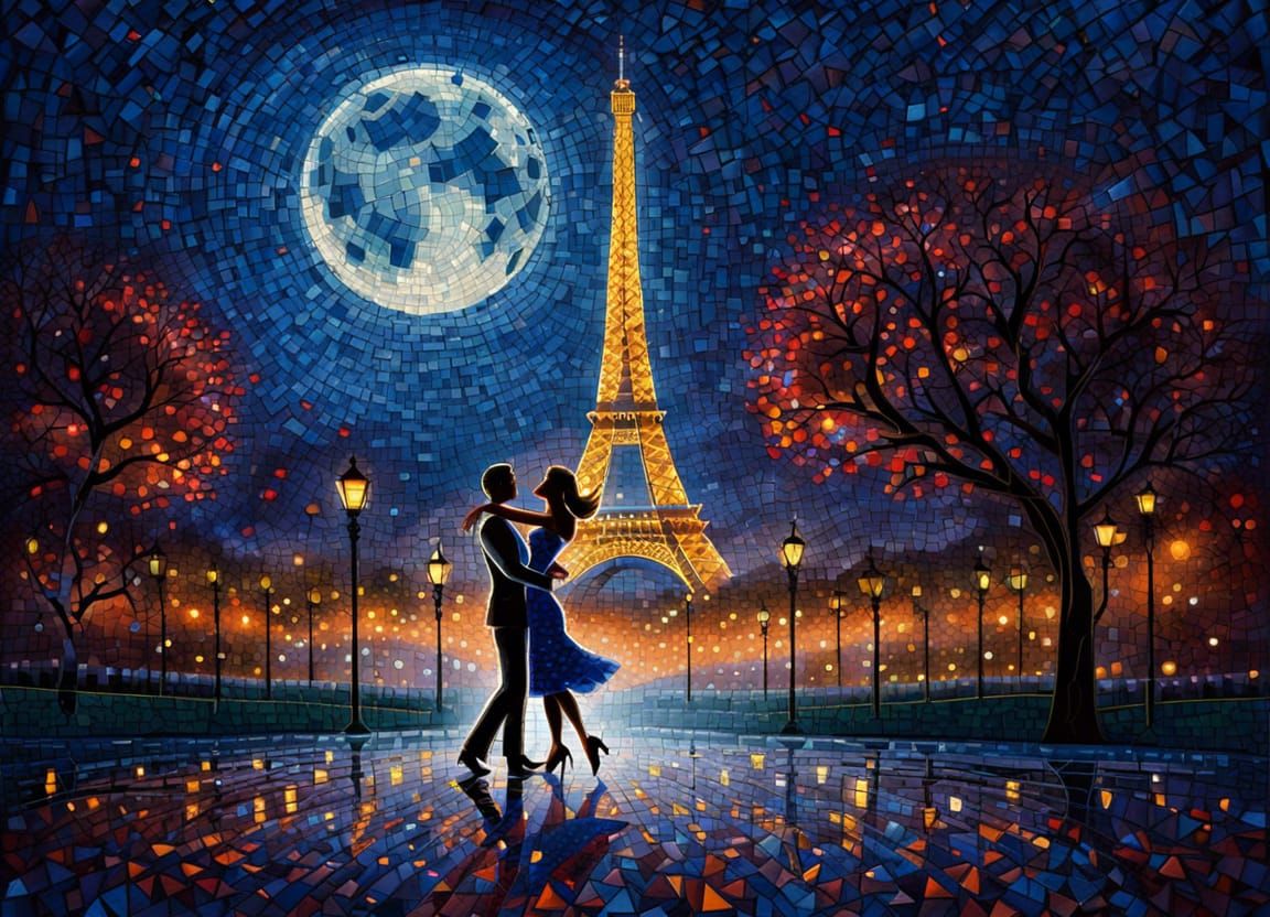 Couple Dancing in Paris Mosaic of Broken Glass