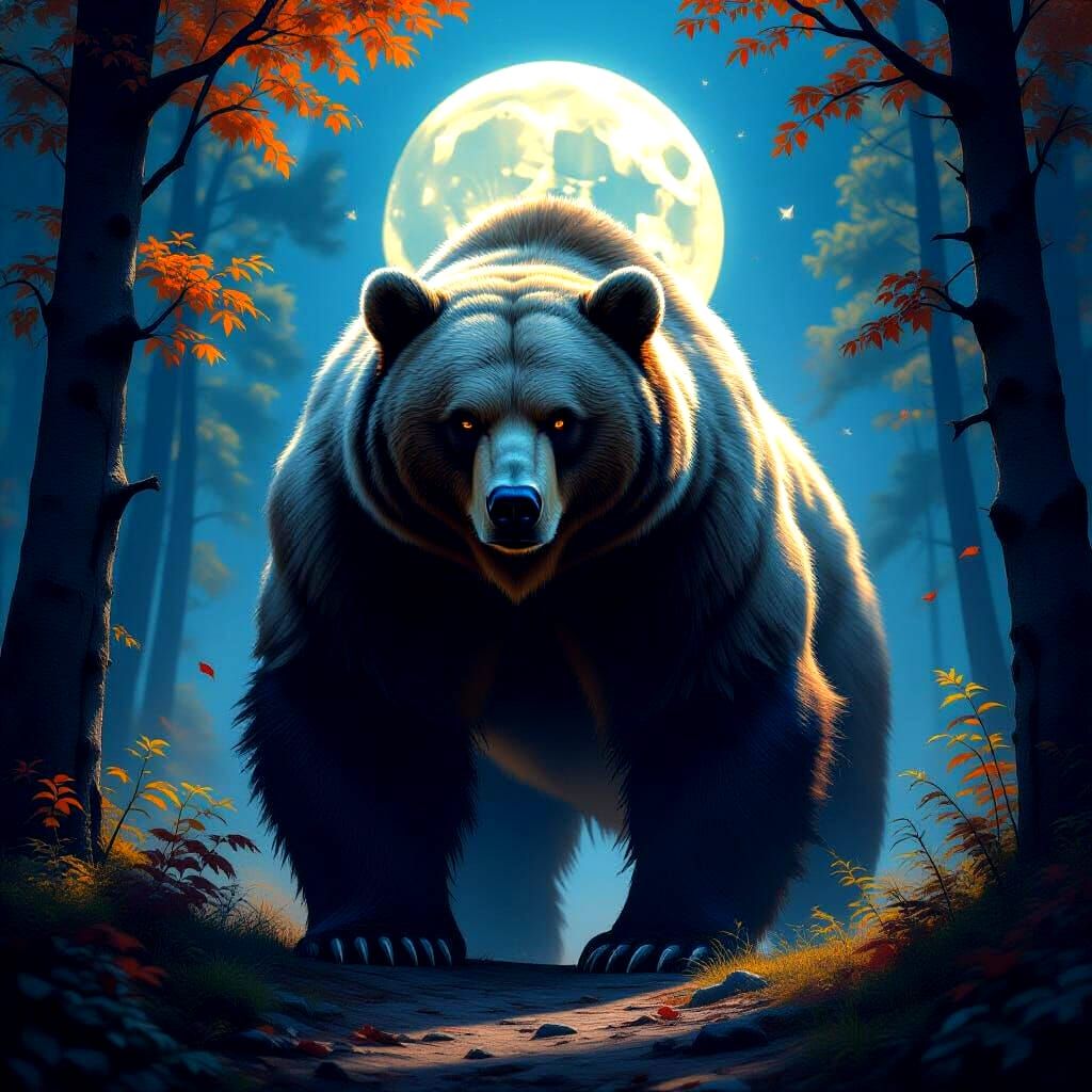 Colossal Bear Guards Autumn Portal in Moonlight