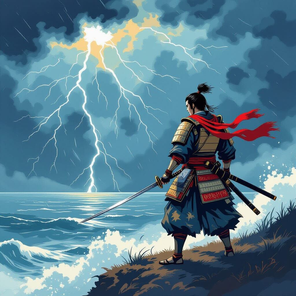Samurai on Cliff Overlooking Stormy Sea in Ukiyo-e Style