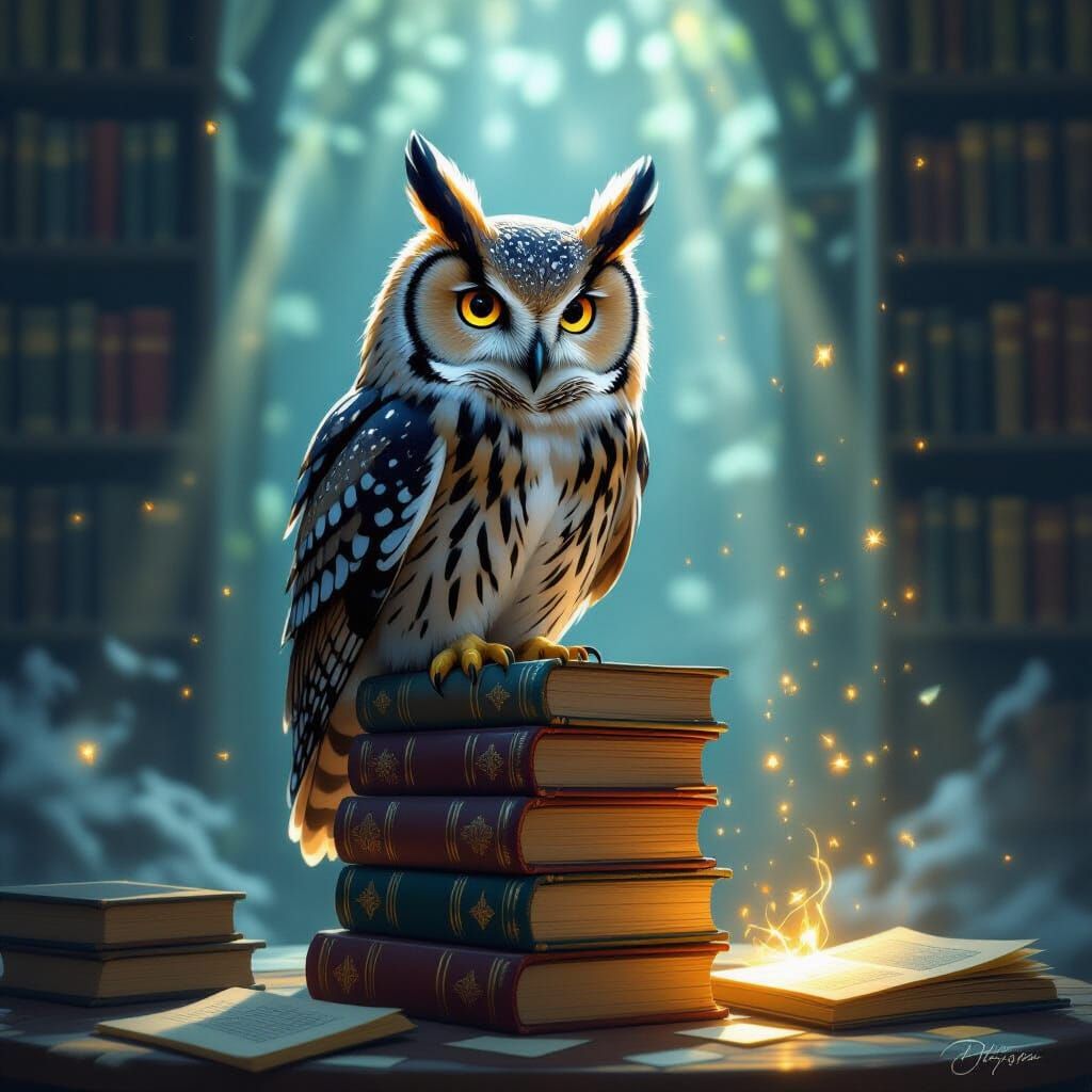 Wise Owl on Glowing Books, Aura of Clarity