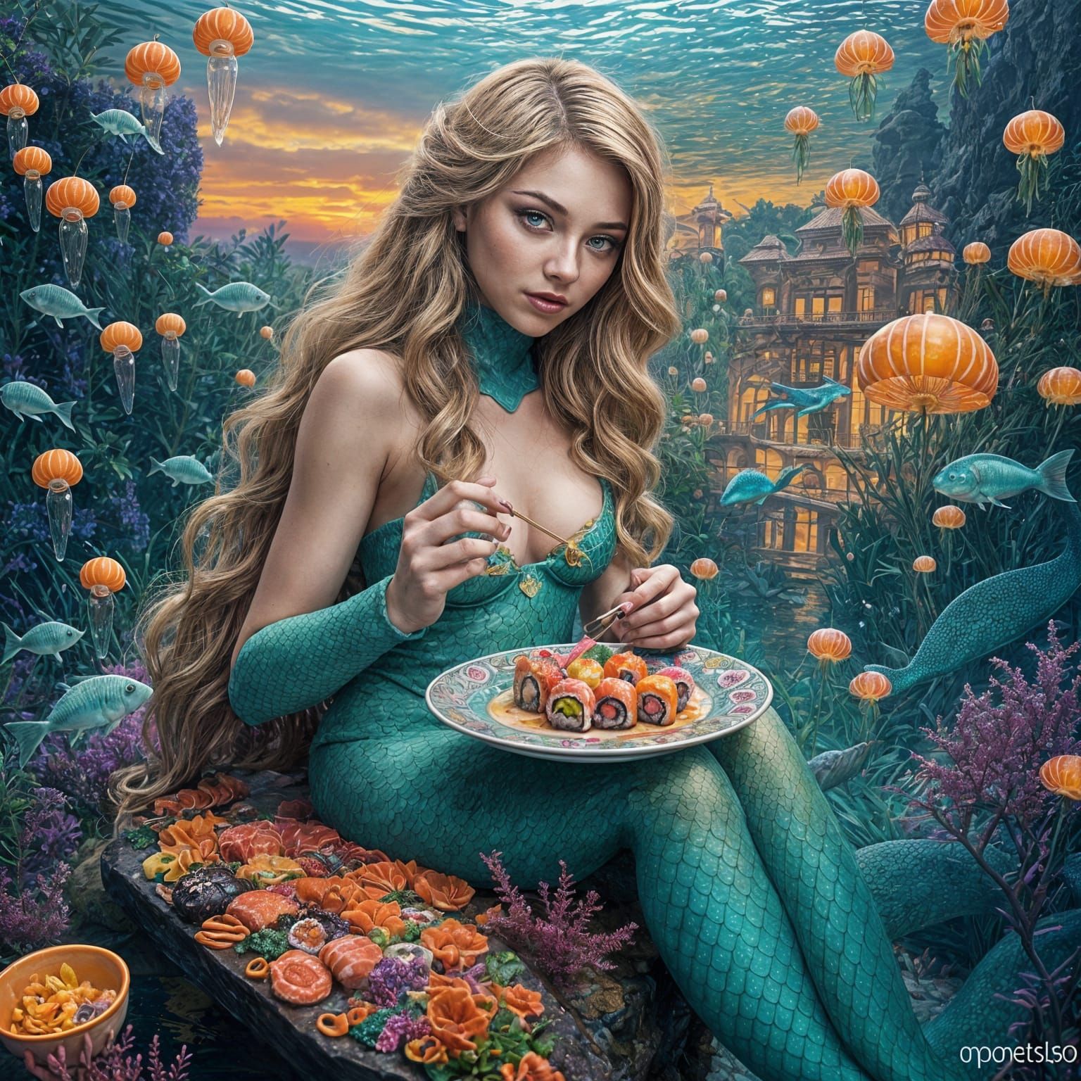 Hyperrealistic Mermaid Savoring Sushi in Vibrant Underwater ...