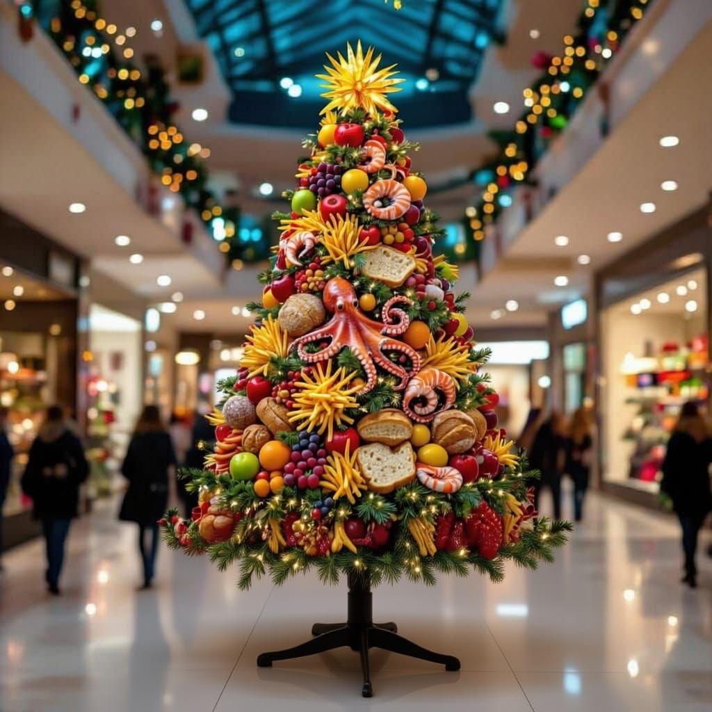Whimsical Food Christmas Tree Display in Mall