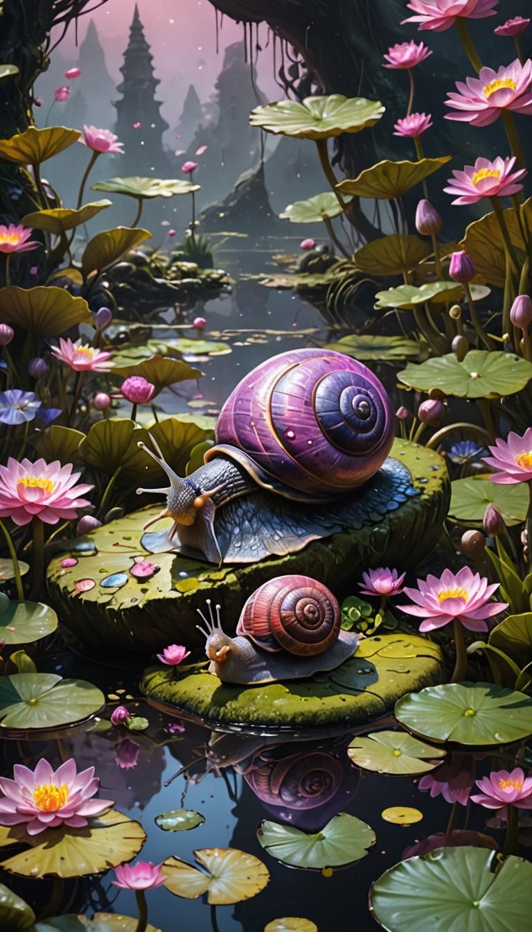 Spiraling Pink Shell Snail in Dark Fantasy Art
