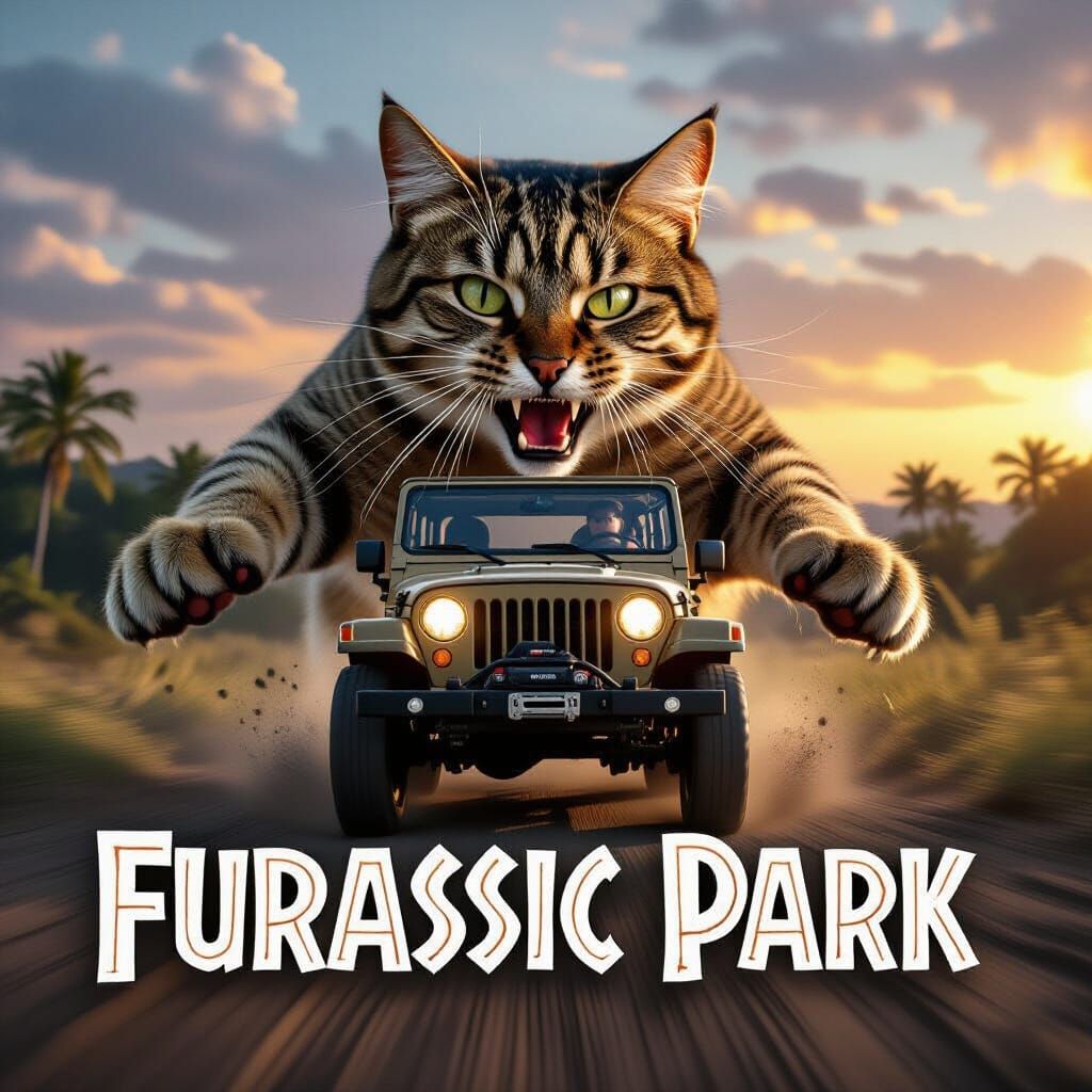 Jeep Escapes Giant Cat in "Furassic Park" Cinematic Scene