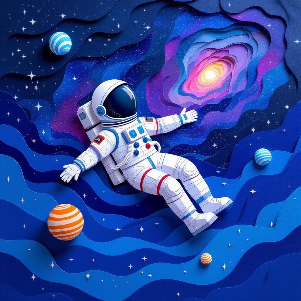Astronaut Adrift in Papercraft Cosmic Ocean
