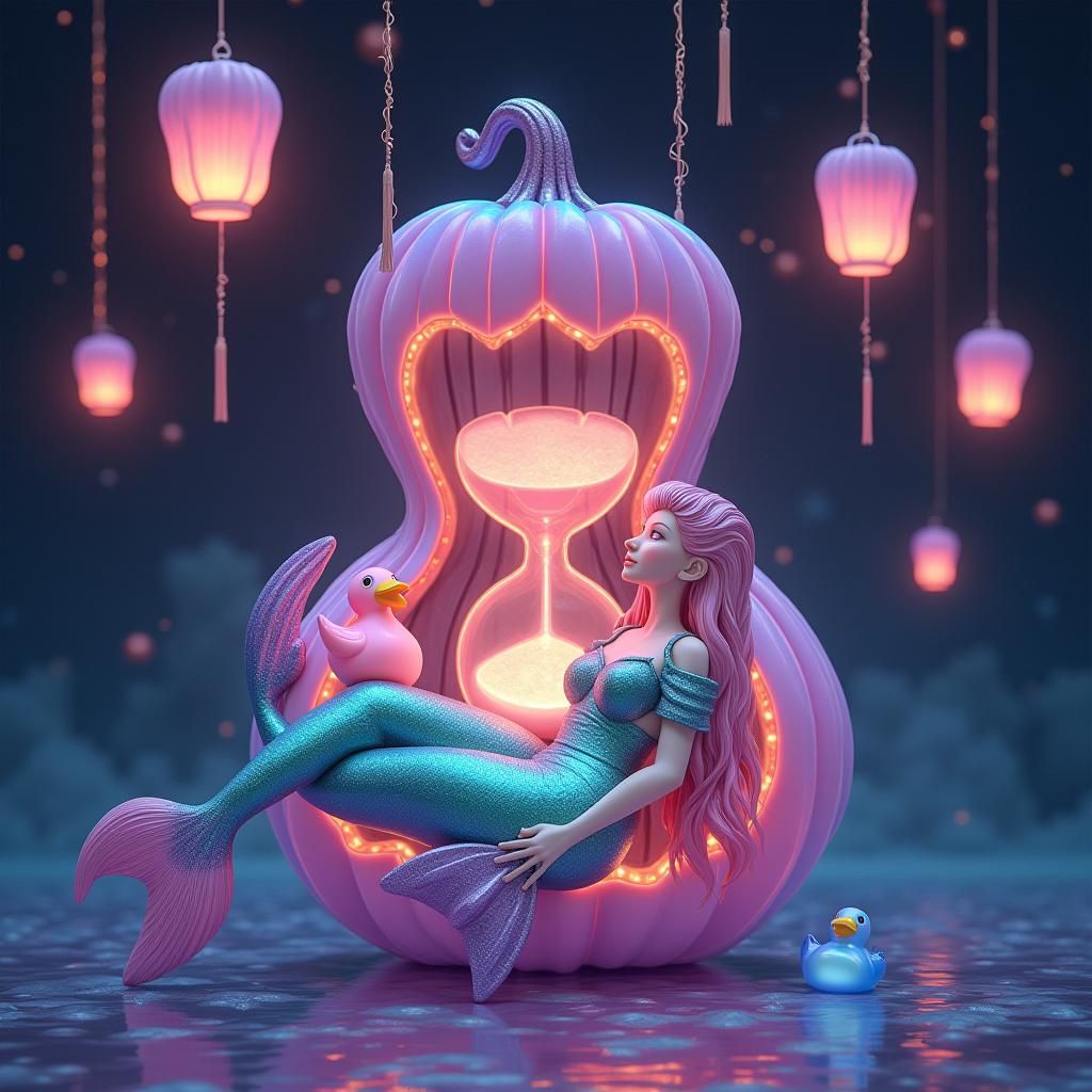 Mystical Mermaid and Gourd in Astral Dreamscape