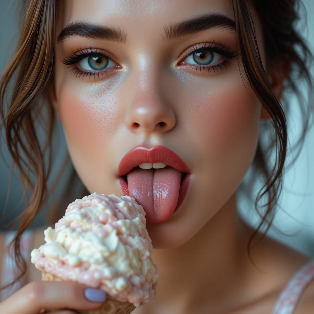 Woman Licking Ice Cream with Playful Expression