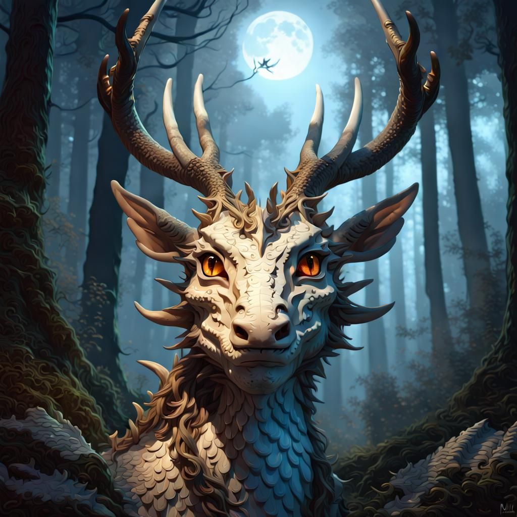 Mythical Deer Dragon Portrait in Moonlit Forest