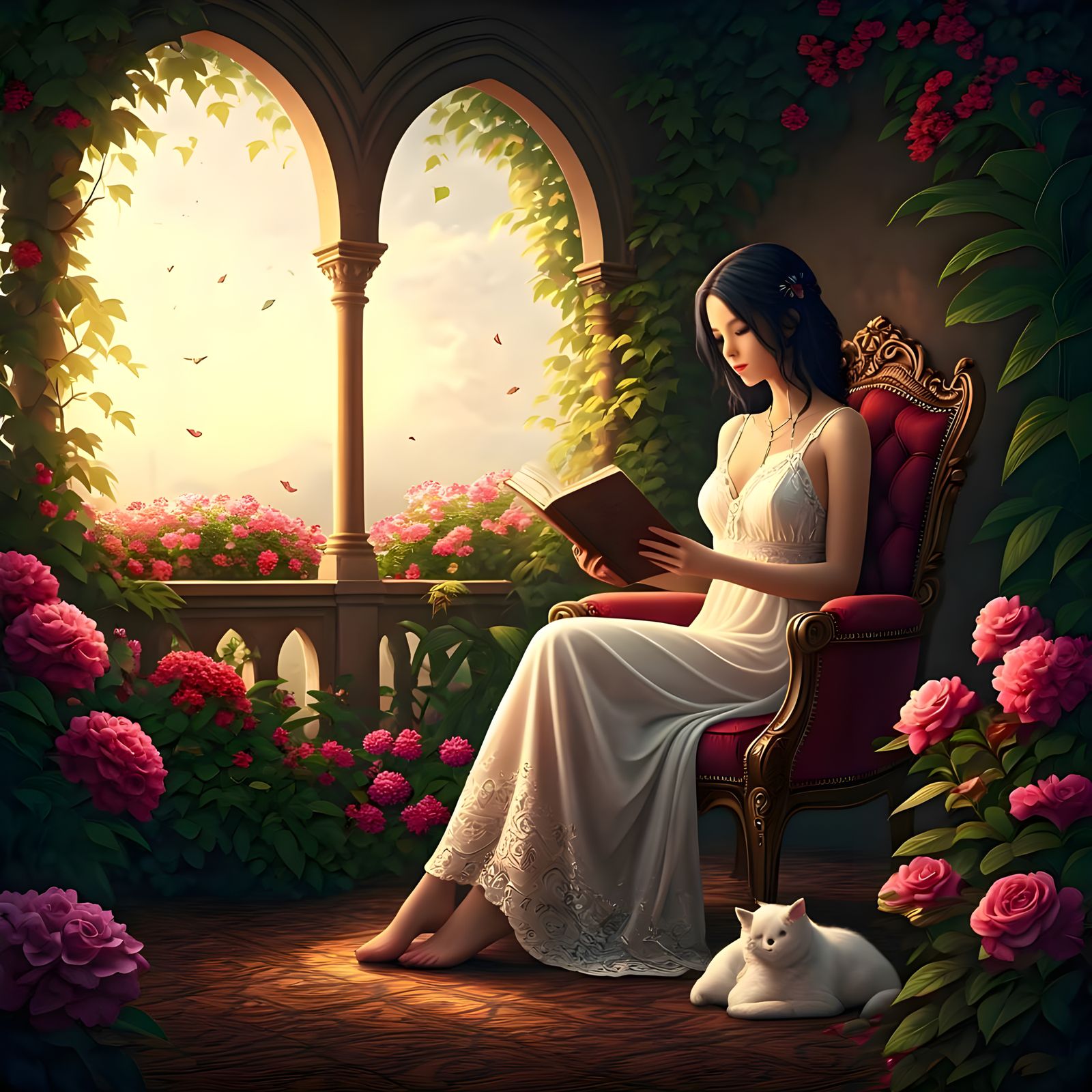 Ethereal Fantasy Scene with Young Woman and Pets