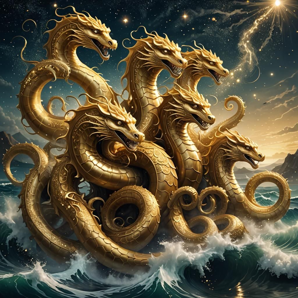 Golden Hydra Rising from the Ocean: Surreal Illustration