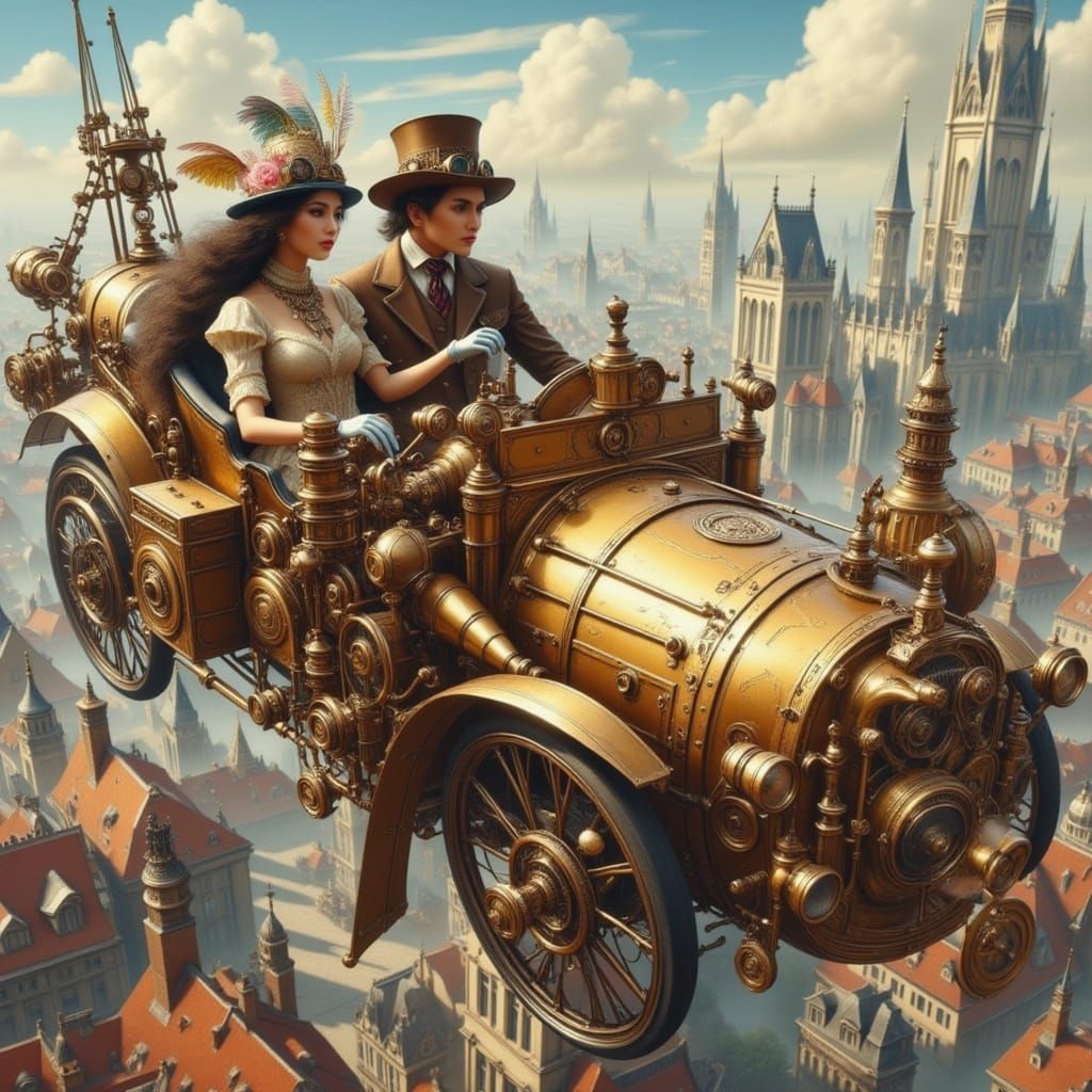 Elegant Steampunk Couple Soars Above a Retro-Futuristic City...