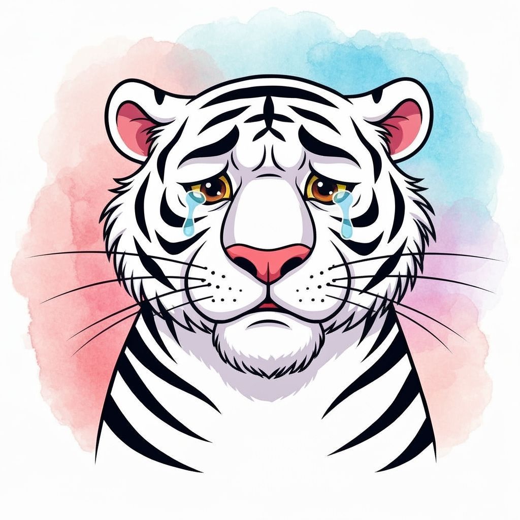 Sorrowful White Tiger in Whimsical Cartoon Style