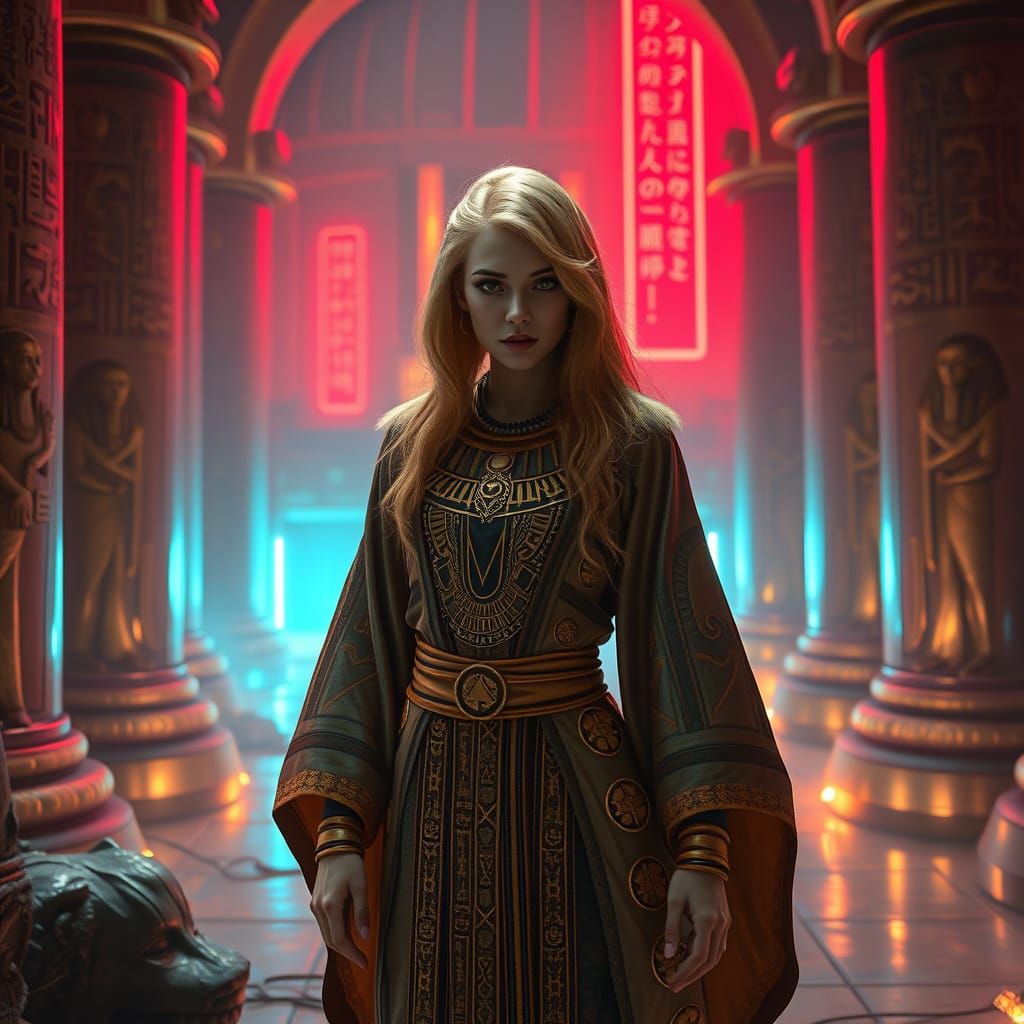 Cyberpunk Priestess in Egyptian Temple, Neon Art