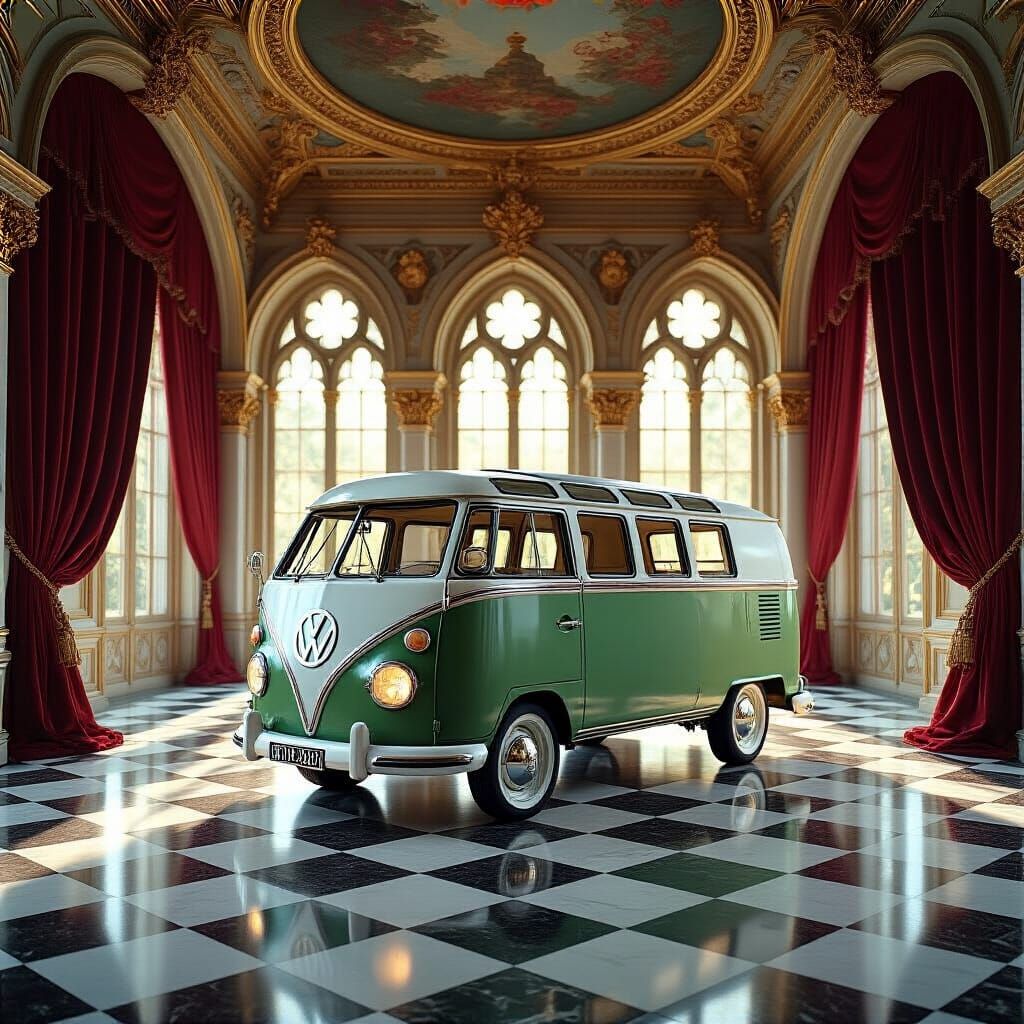 Opulent Palace Grand Hall with Vintage Van Interior