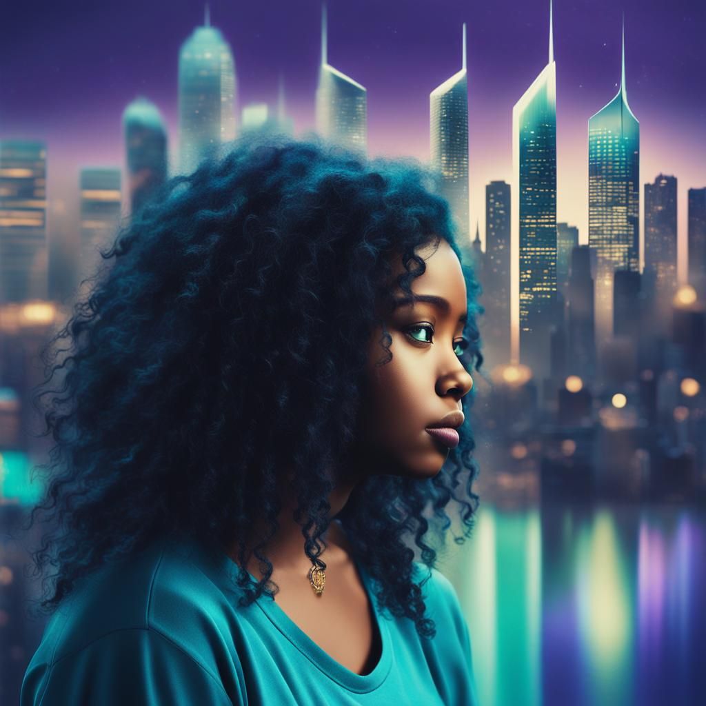 side profile of a black teenage girl with long curly black hair; stemming from her hair is a semi-detailed modern city, ...