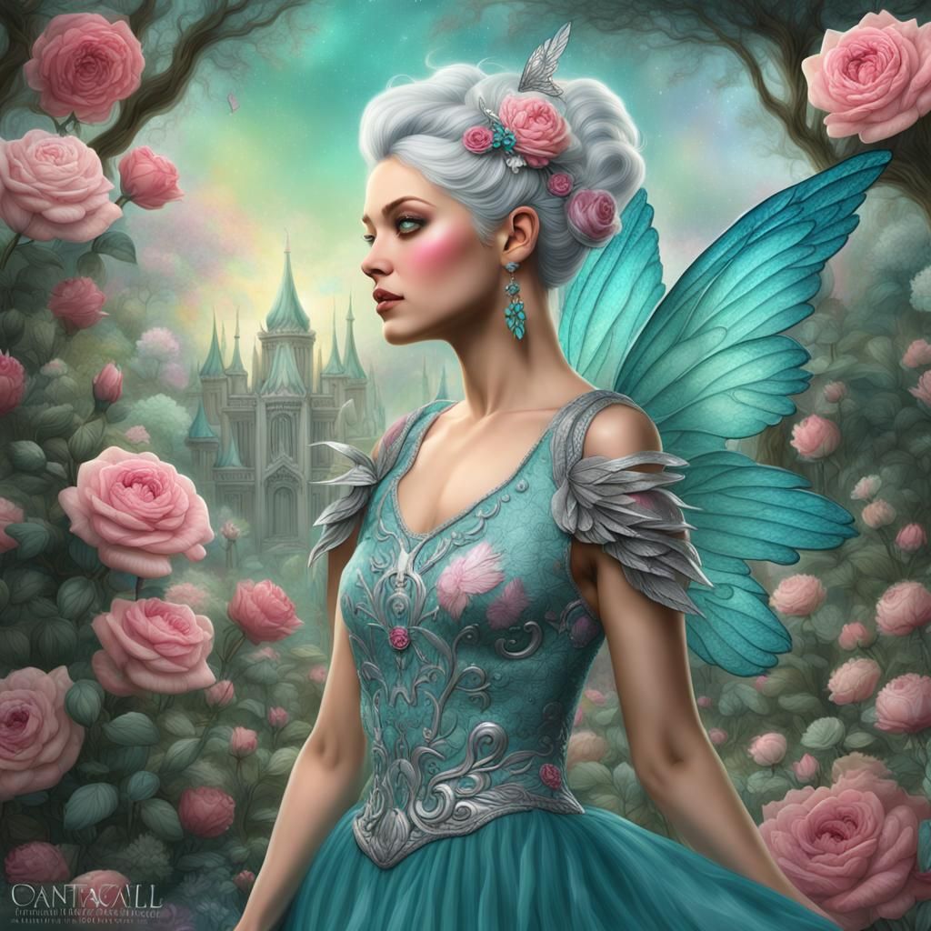 Caucasian Fairy in Rose Garden, Digital Art
