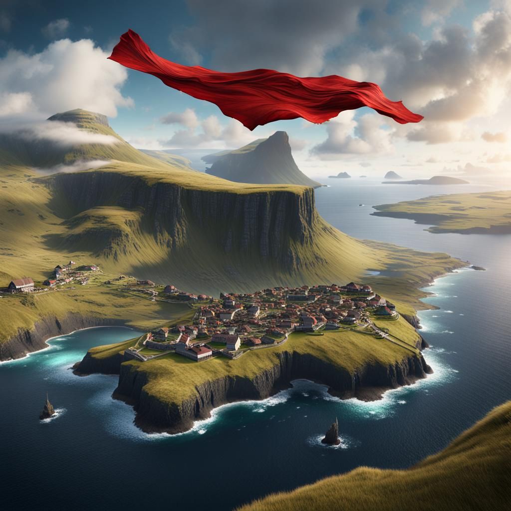 Red Handkerchief Over Faroe Islands: Fantasy Concept Art
