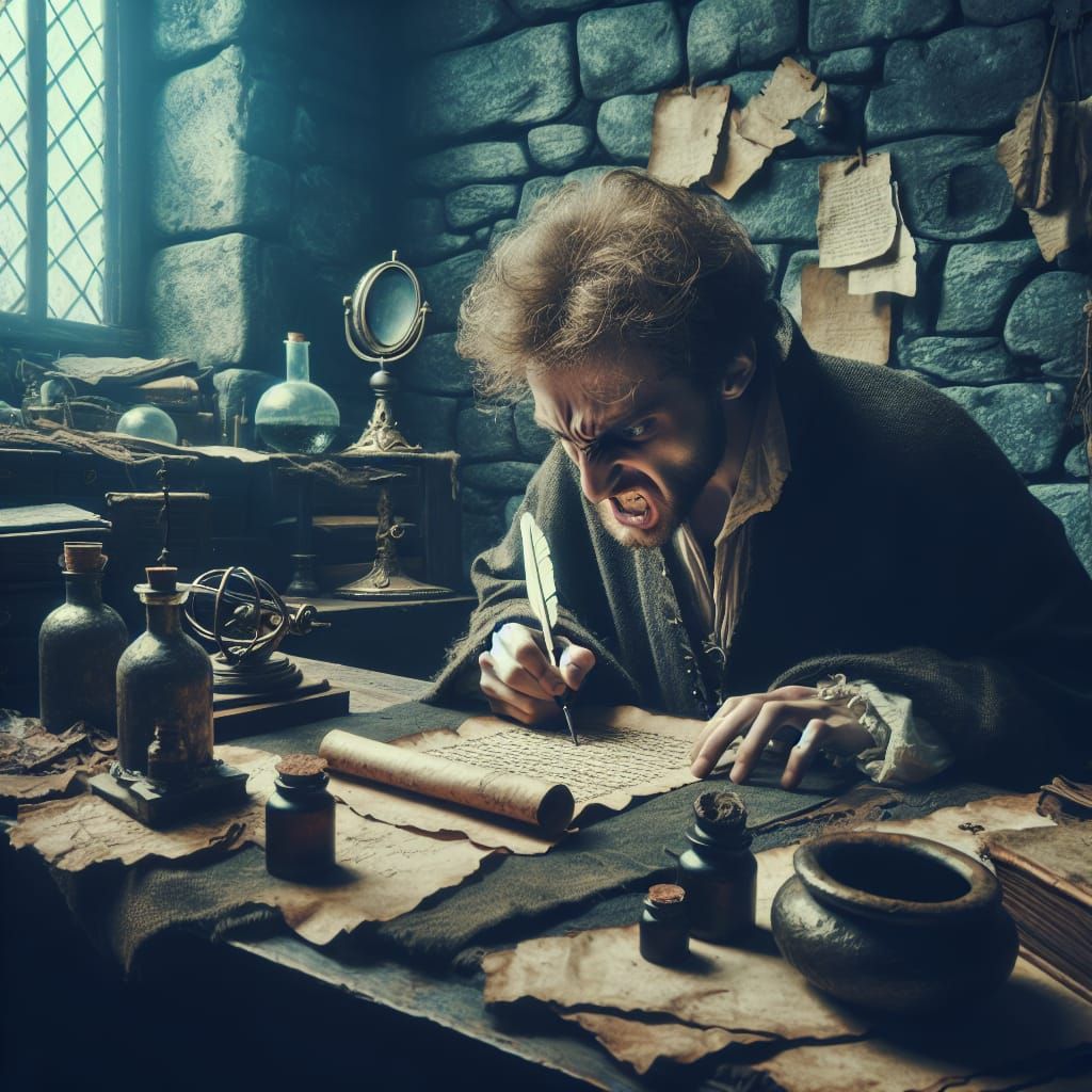 Arcane Scholar Scribbles in Dimly Lit Chamber