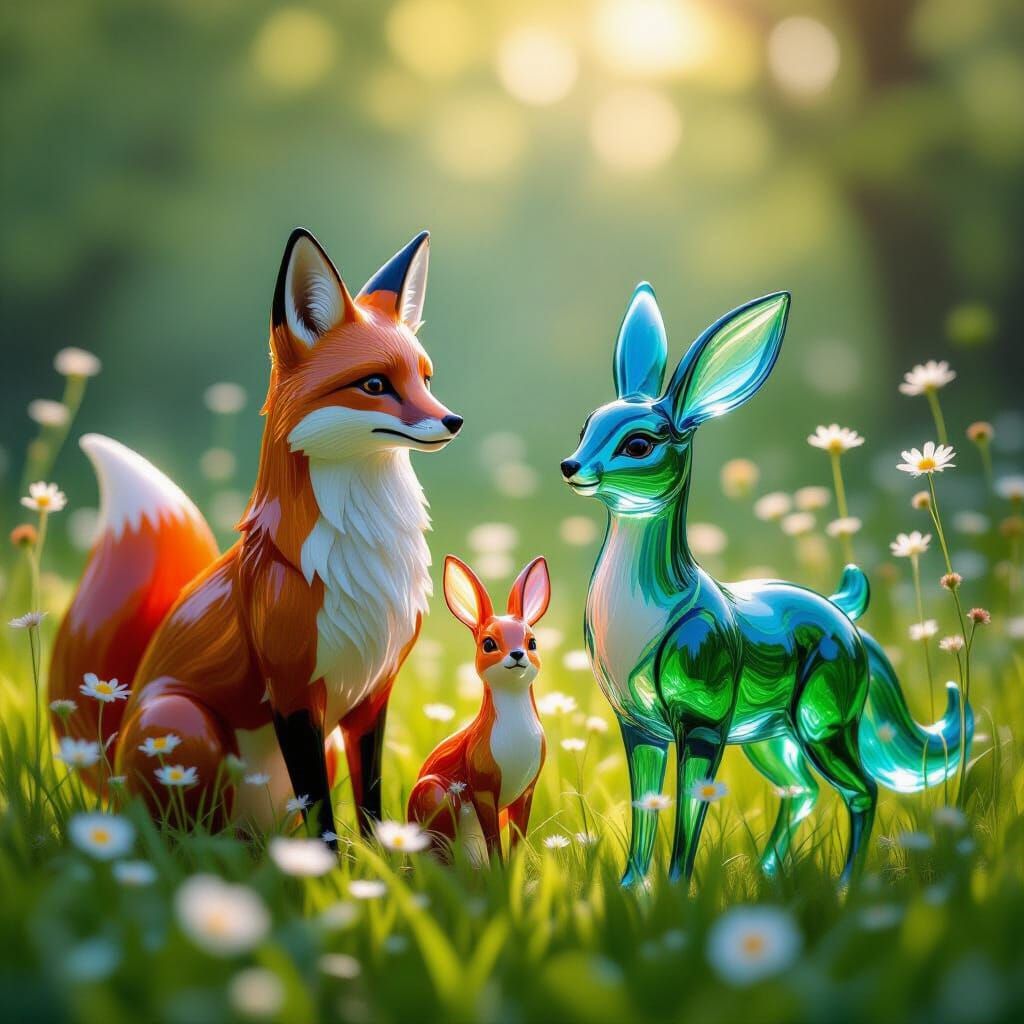 Vibrant Glass Animals in Sun-Dappled Meadow