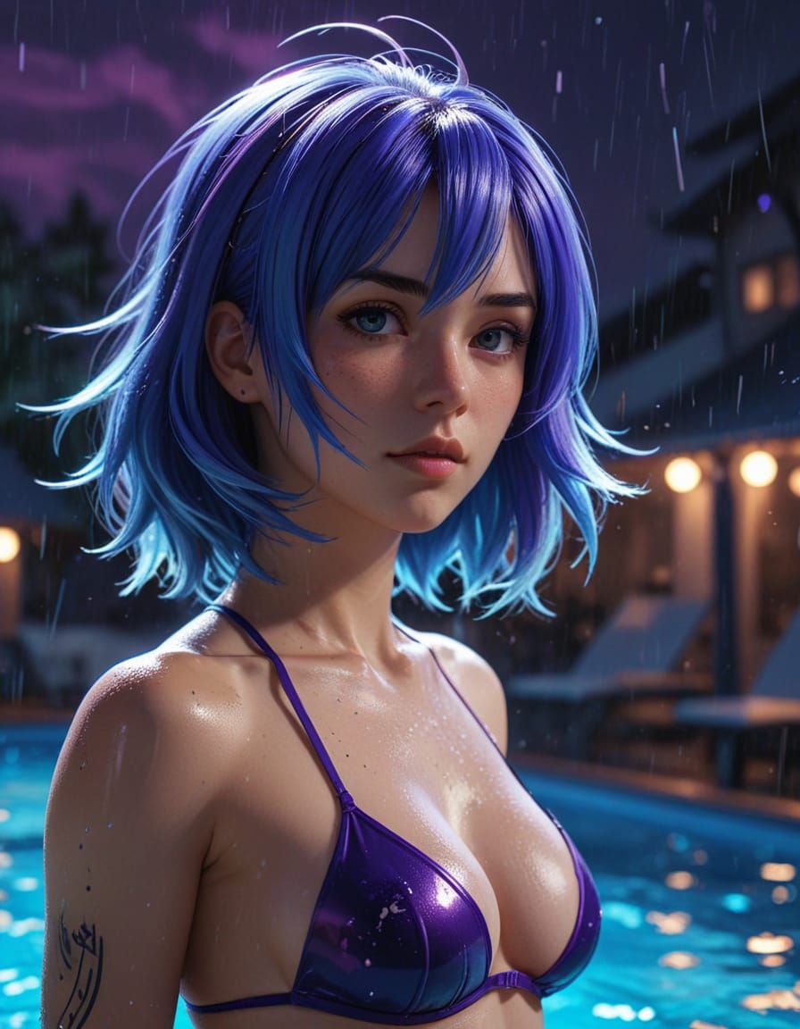 Athletic Woman in Gothic Pool Setting Anime Splash Art