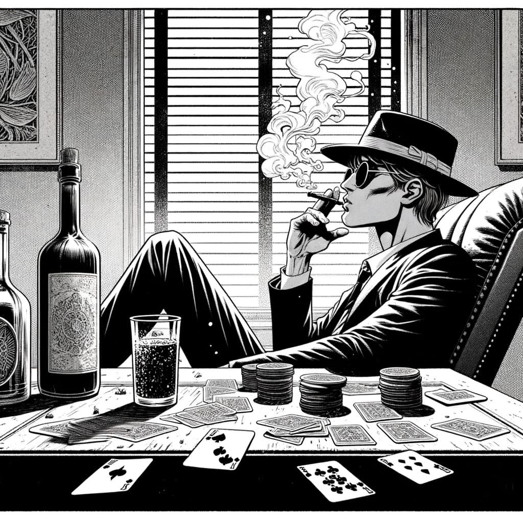 Monochrome Comic Strip Panel: Character in Sunglasses Sits a...