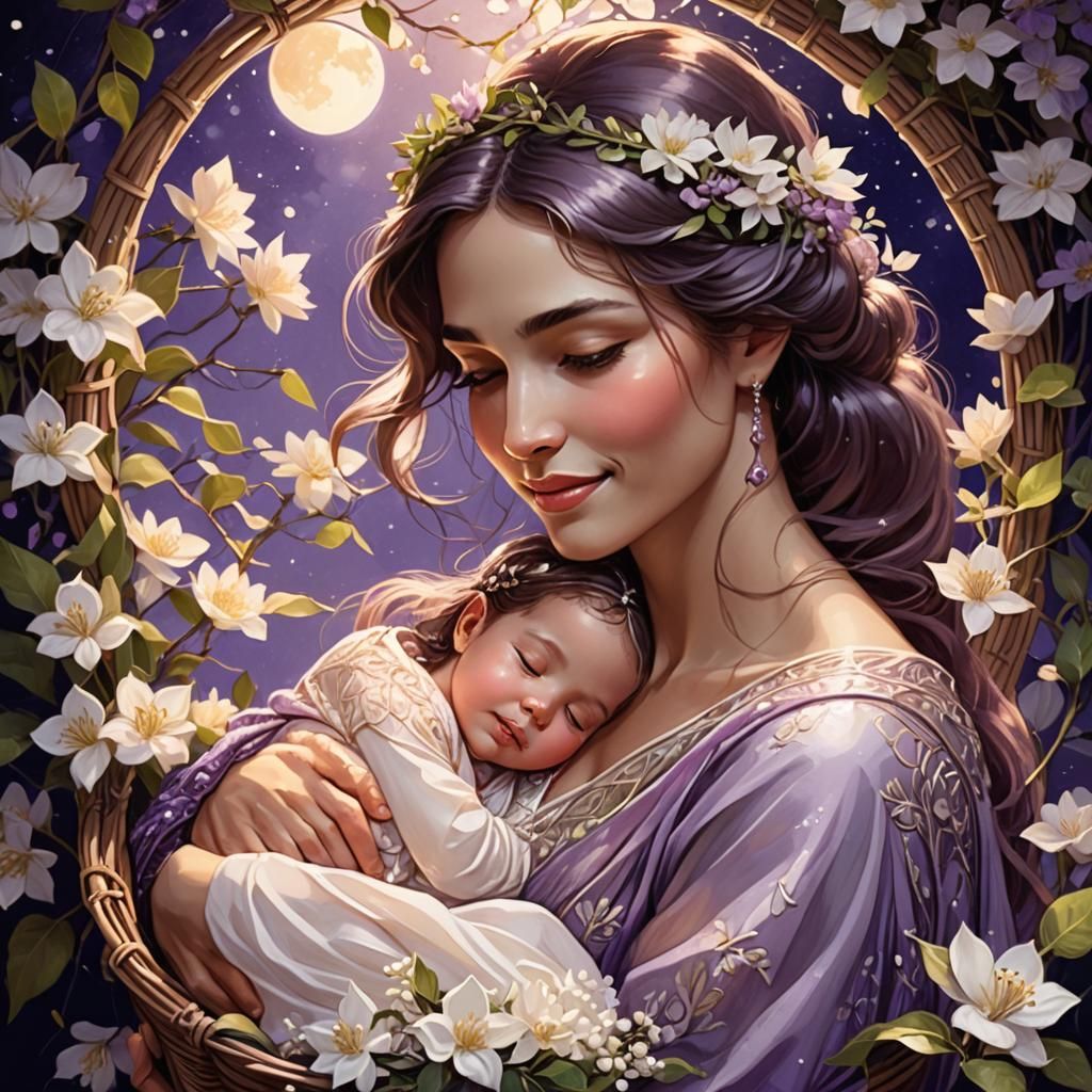Serene Mother and Newborn Portrait in Art Nouveau Style