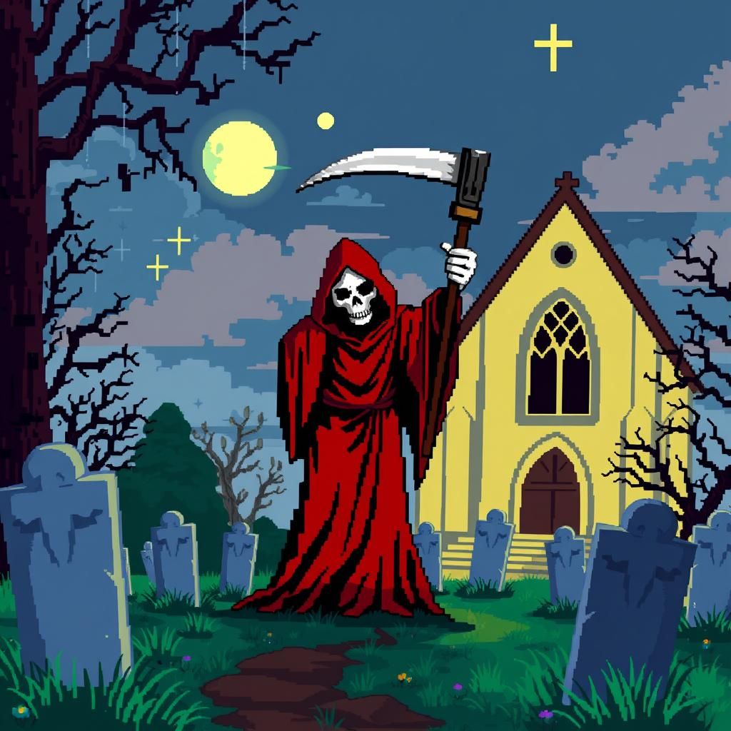 Grim Reaper in 8-bit Pixel Art Graveyard