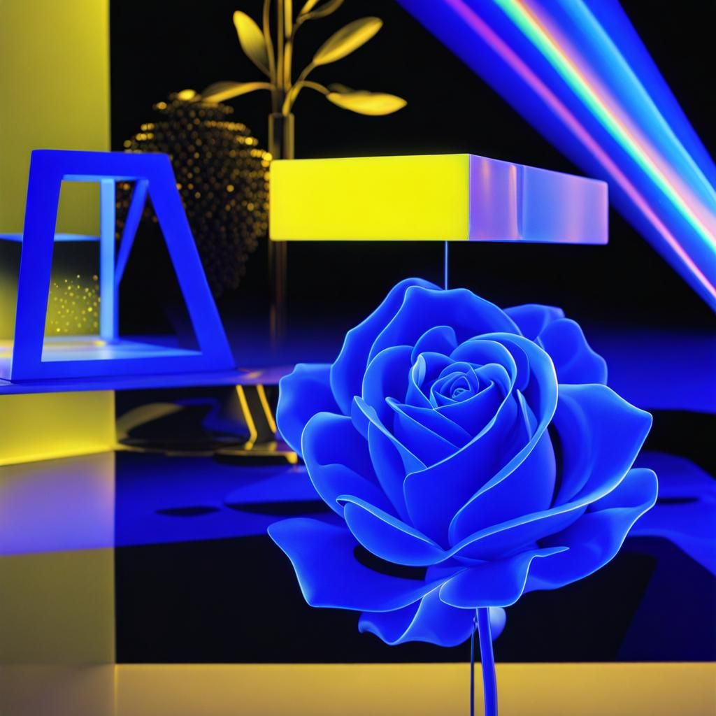 Holographic Still Life with Blue Rose at Night