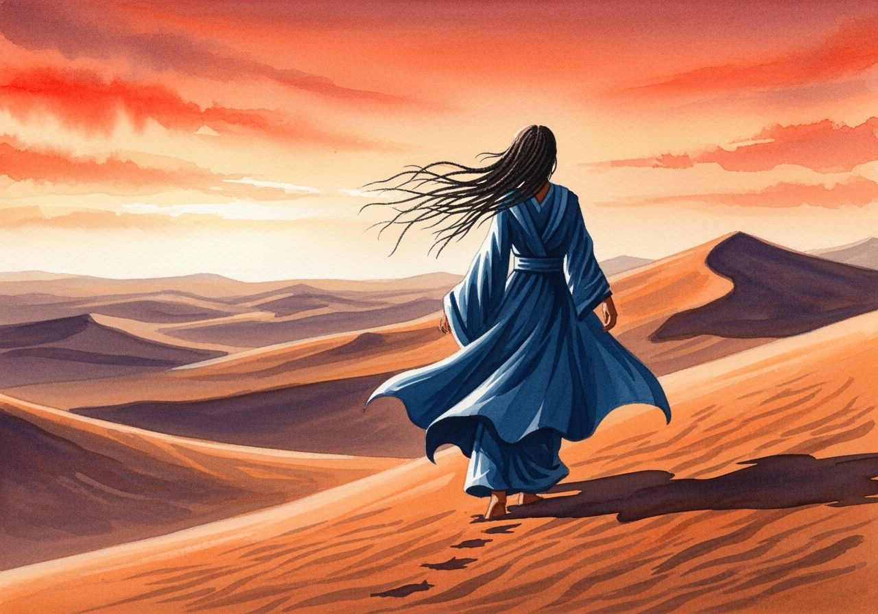 Desert Traveler in Watercolor at Sunset