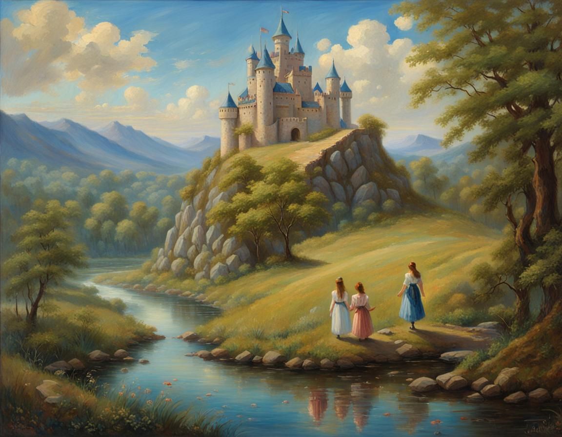 Fantasy Castle with Girls by Stream, Oil Painting