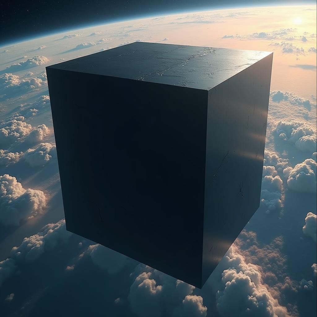 Giant Black Cube Hovering Over Earth: Hyperrealistic Sci-Fi