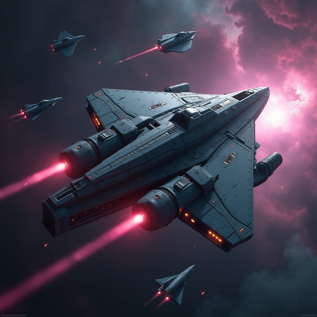 Triangular Starship Flees Pursuers Across Cosmic Backdrop