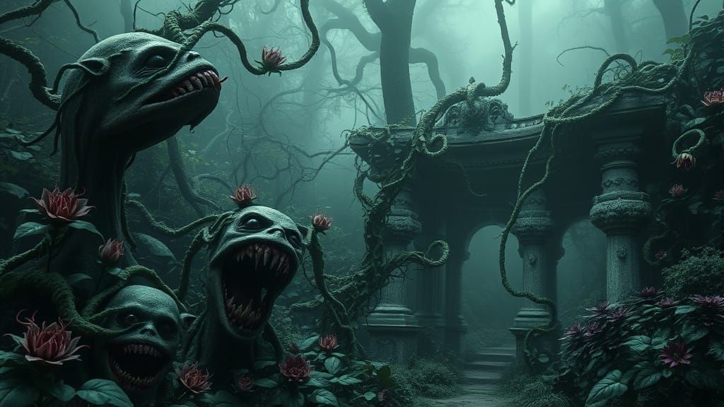 Menacing Overgrown Garden in Dark Fantasy Style