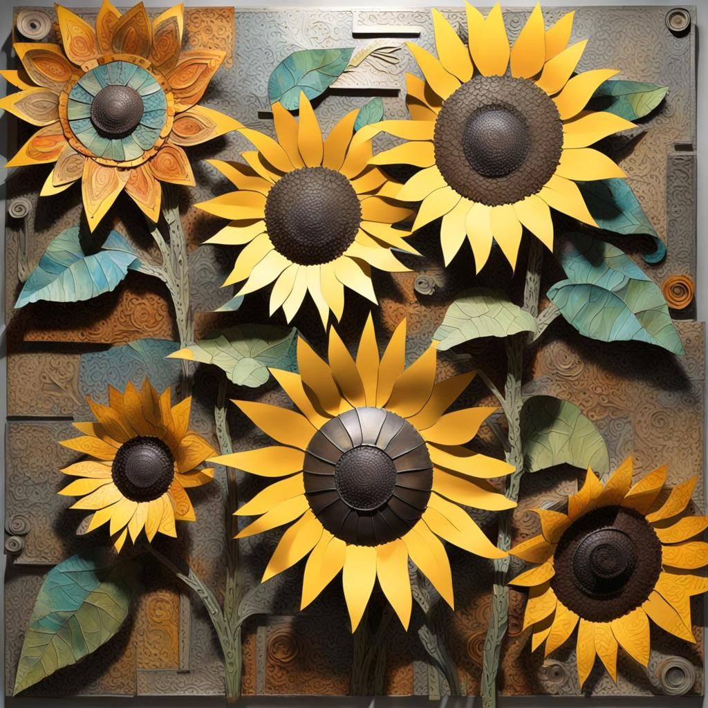 Elaborate Metal Frieze of Sunflowers Sculpture