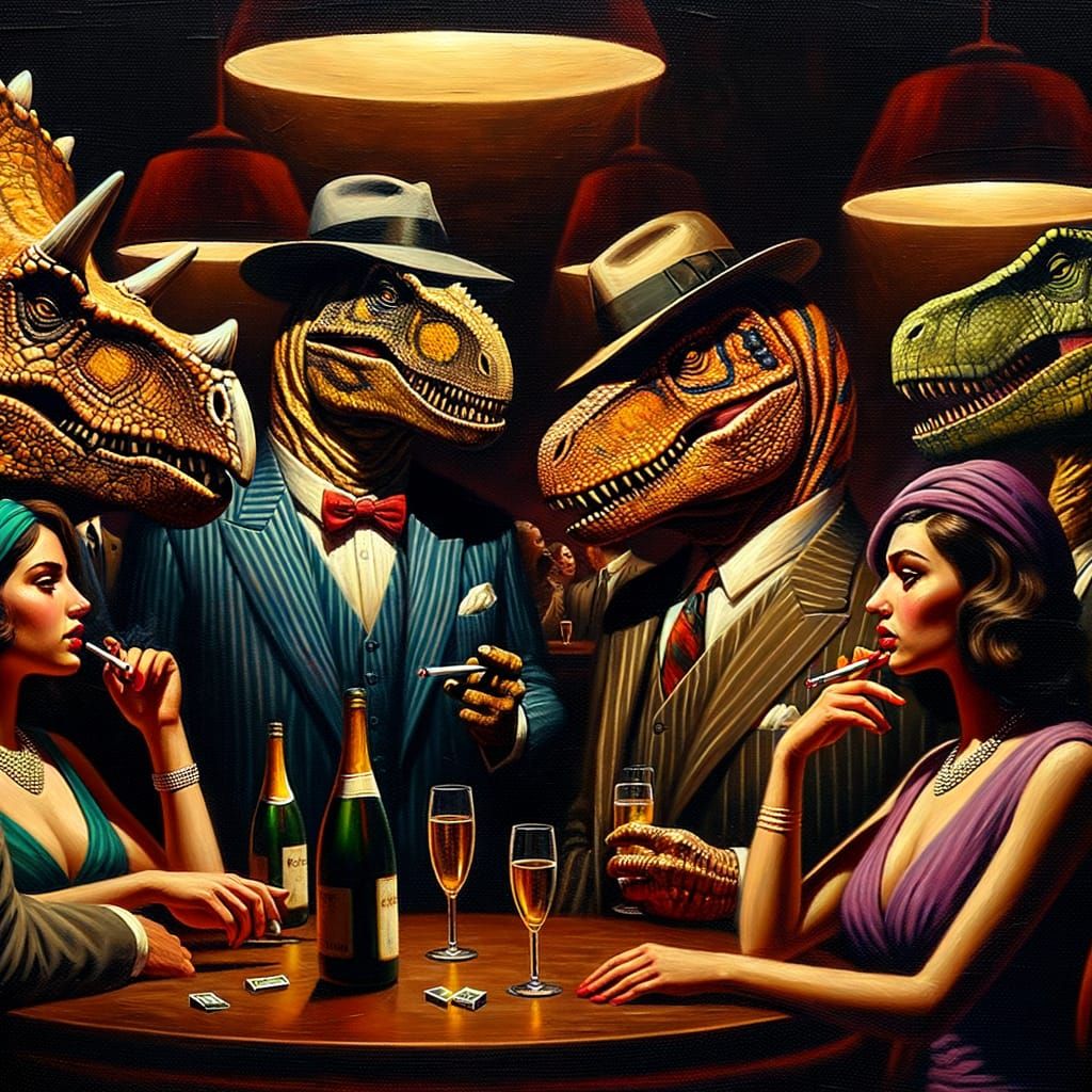 Dinosaur Gangsters in 1940s Lounge, Impasto Oil Painting