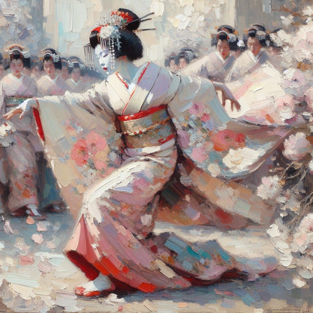 Neo-Impressionist Geisha Dance in Thick Brush Strokes