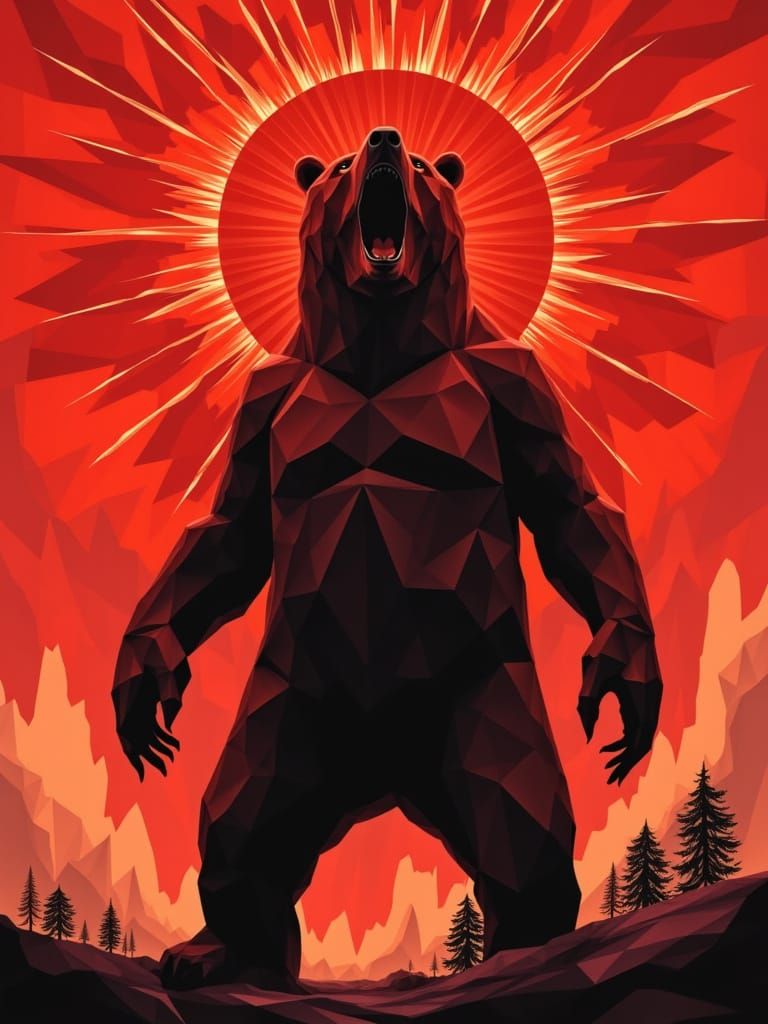 Cubist Arctotherium Bear Eclipses Blazing Red Sun