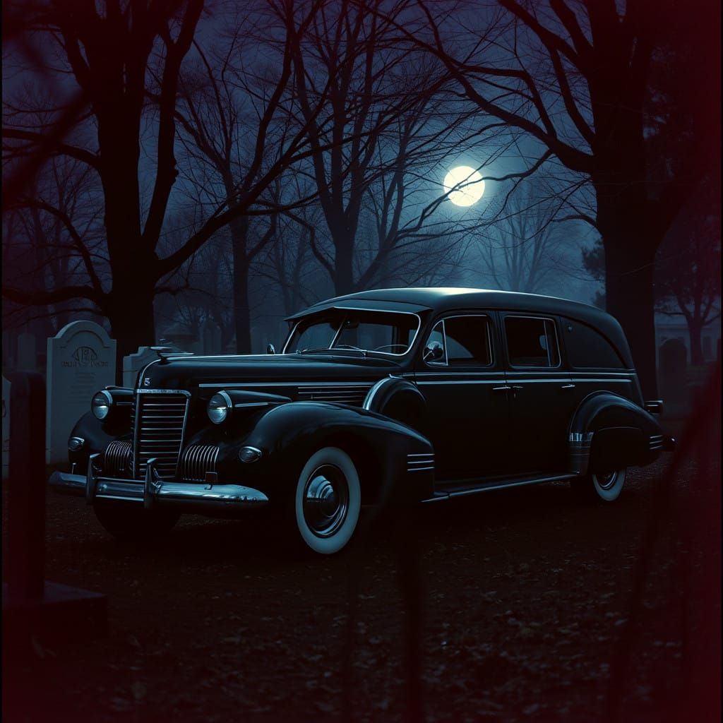 Sleek 1938 Cadillac Hearse Basks in Autumn Moonlight