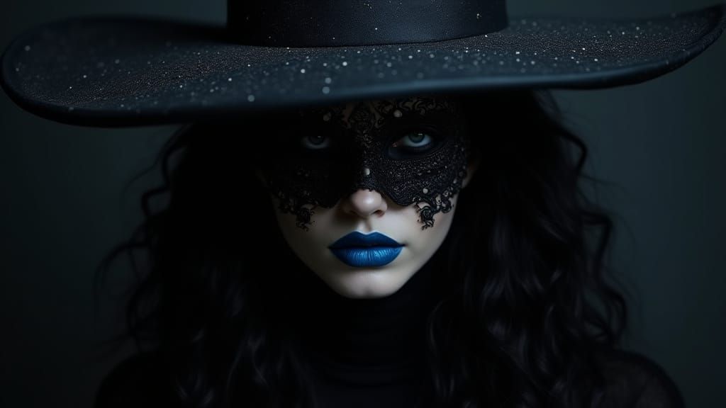 Mysterious Figure in Wide-Brimmed Black Hat and Mask