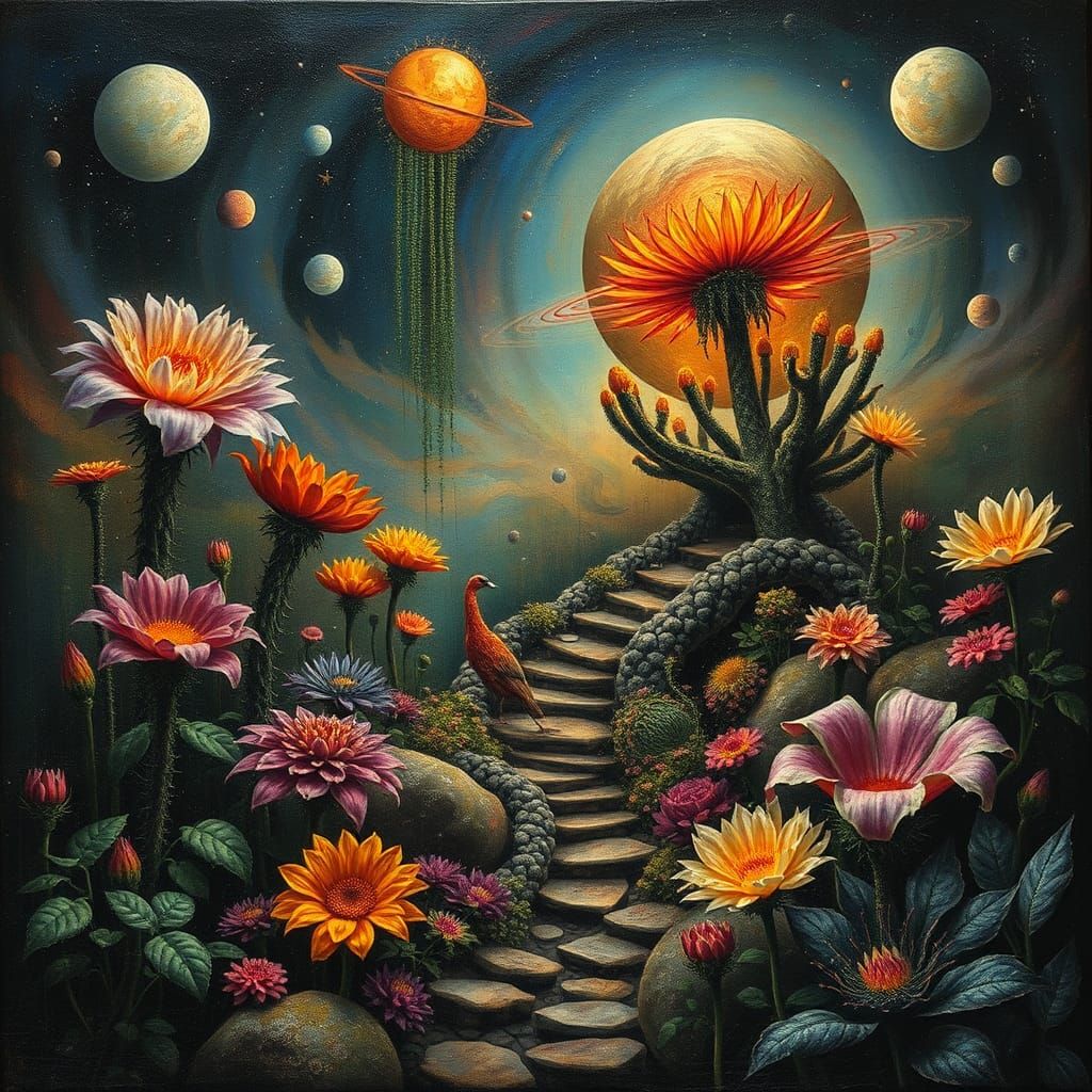 Surreal Planet Garden with Exotic Flowers