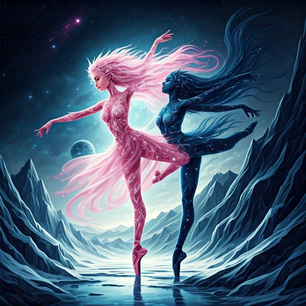 Cosmic Ballet: Ethereal Dancers in a Frozen Cosmos