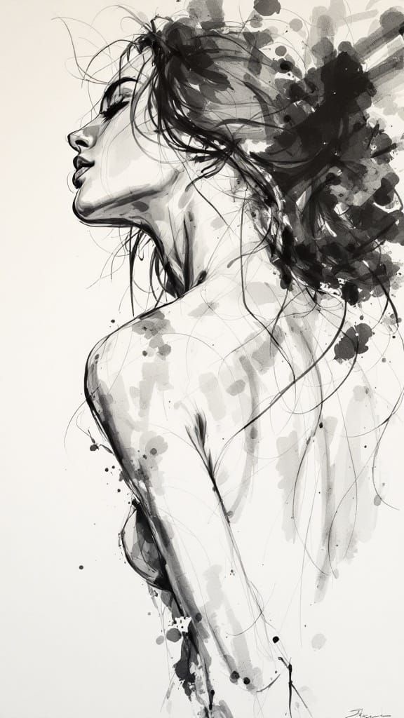 Elegant Female Figure Study in Ink Brush Art