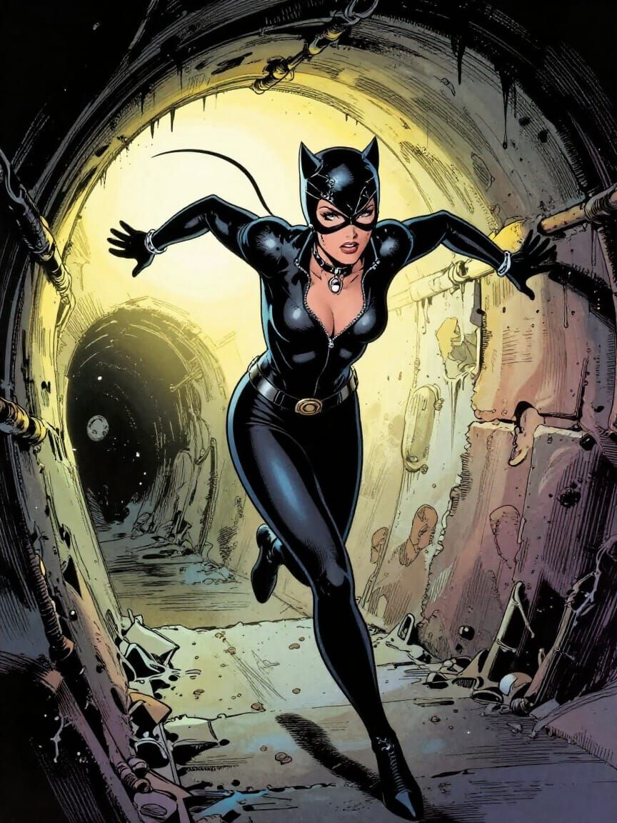 Catwoman Flees Gotham Sewer in 1990s Comic Style
