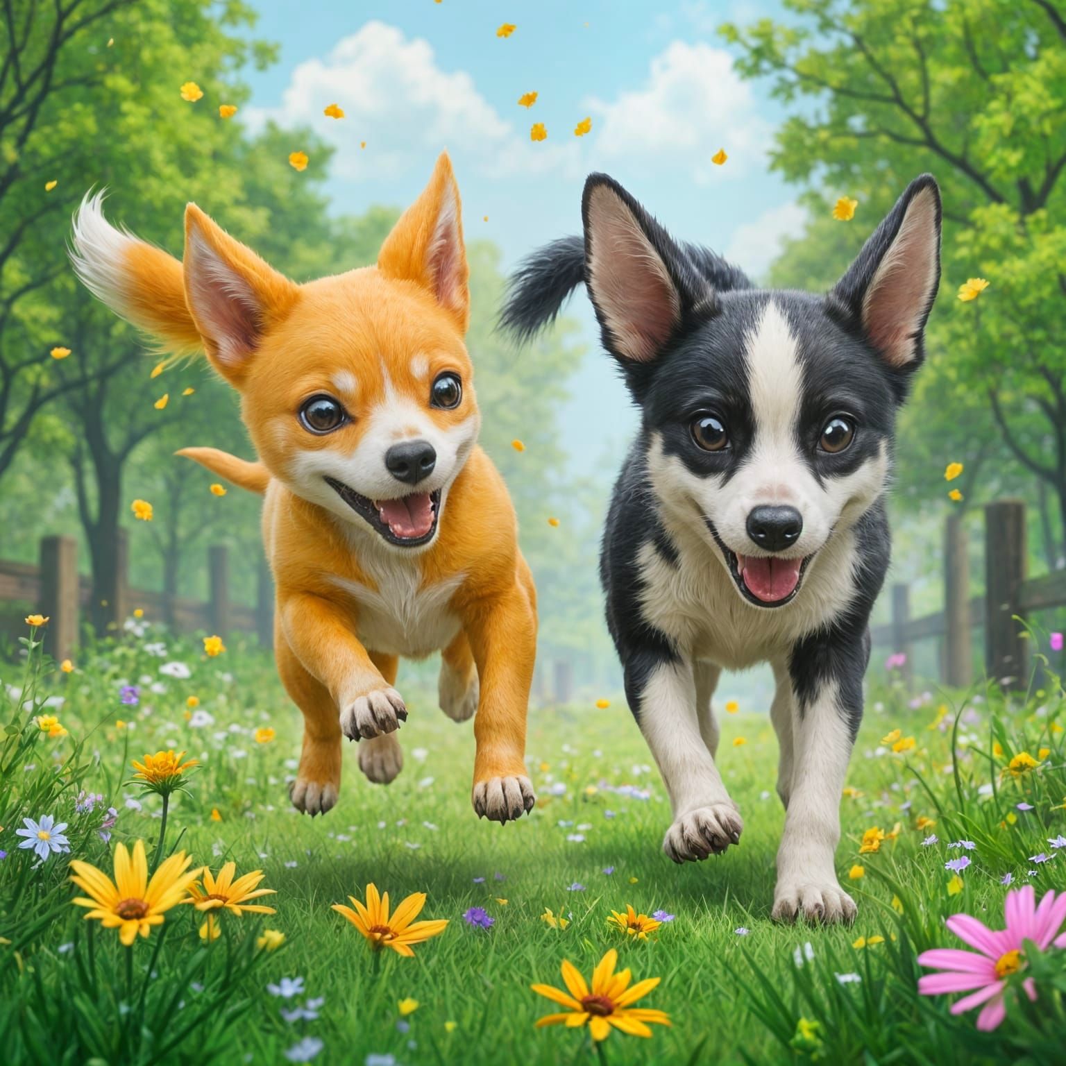Dogs Playing in Park: Colorful and Detailed
