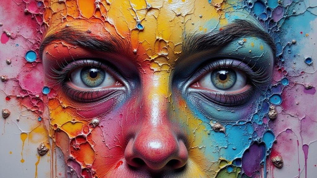 Surreal Portrait with Rainbow Inkblot Maps in Impasto Style
