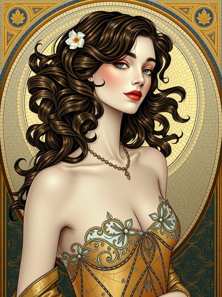 Woman in Art Nouveau Style with Elegant Attire and Ornate Ba...